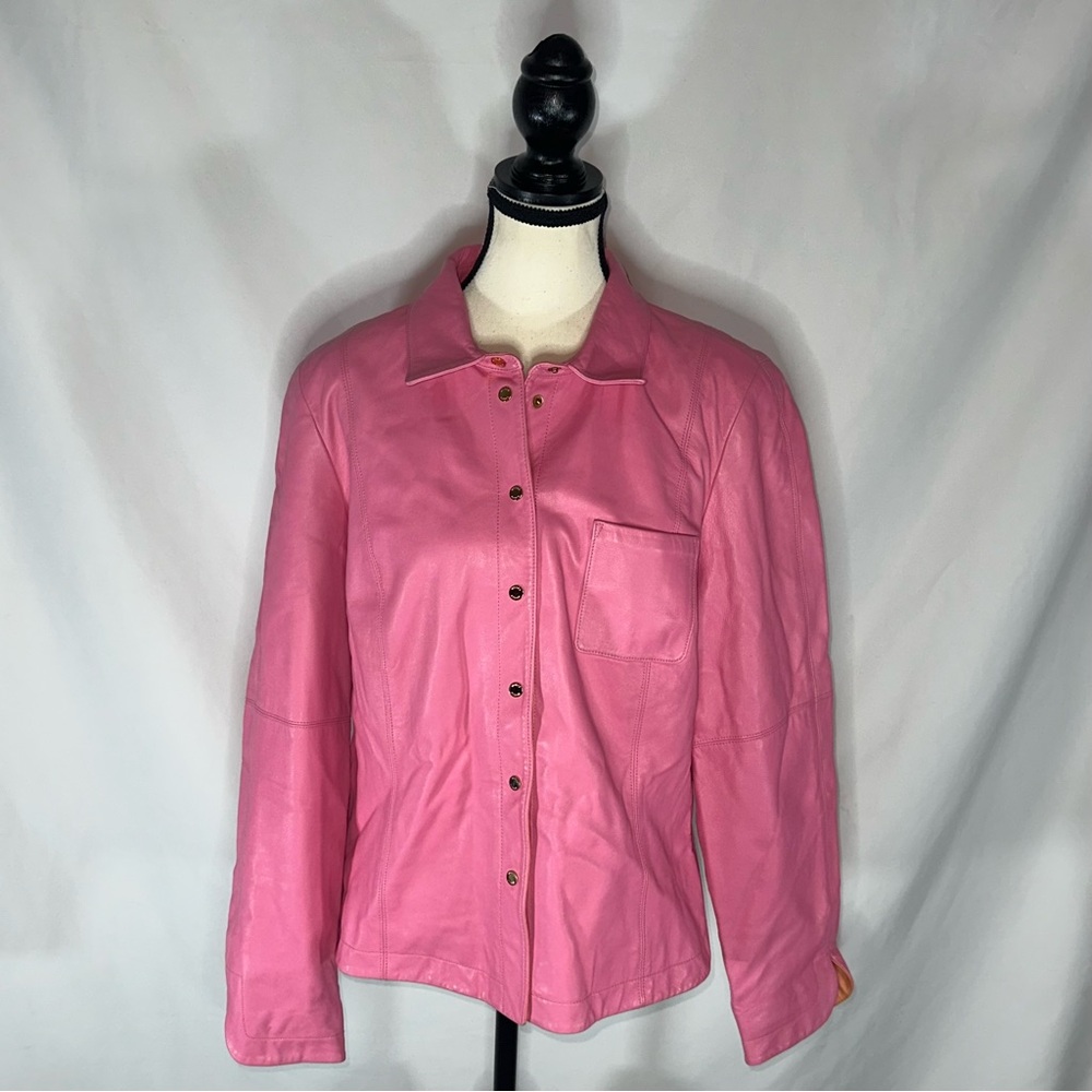 Worth Bubblegum Pink Leather Blazer Jacket Size 14 Butter Soft Quiet Luxury 90s - Picture 2 of 16